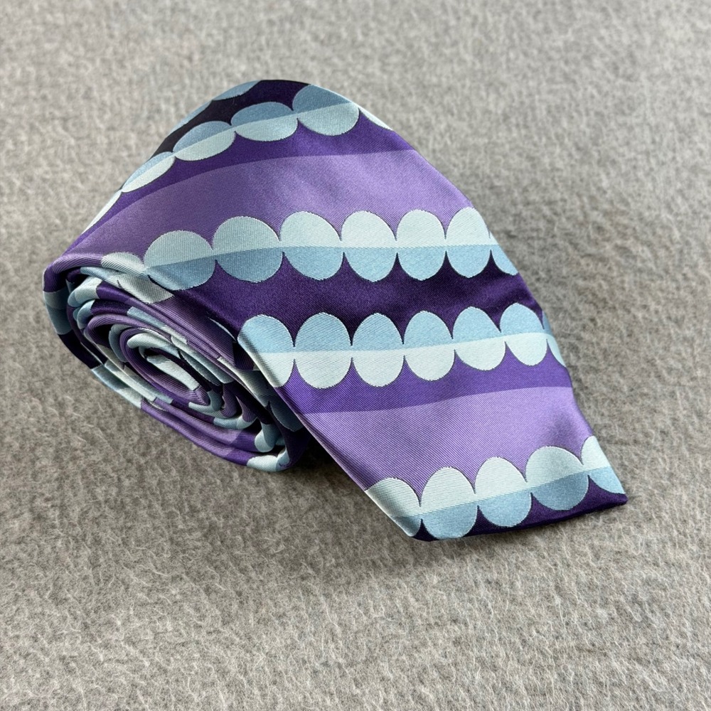 Ted Baker London Mens Silk Tie Purple Blue Scalloped Geometric Striped 60x3.25"